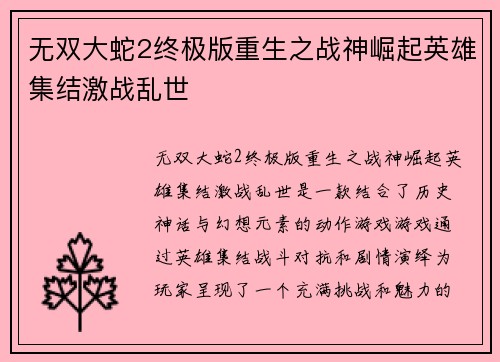 无双大蛇2终极版重生之战神崛起英雄集结激战乱世